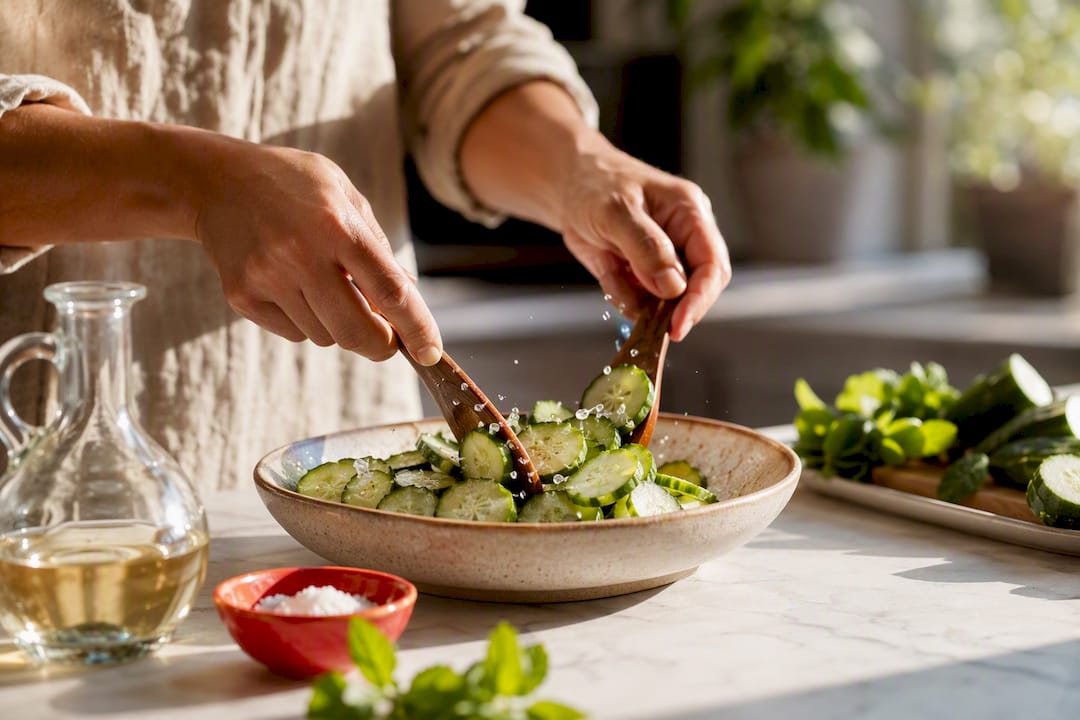 Fresh cucumber tossed with vinegar