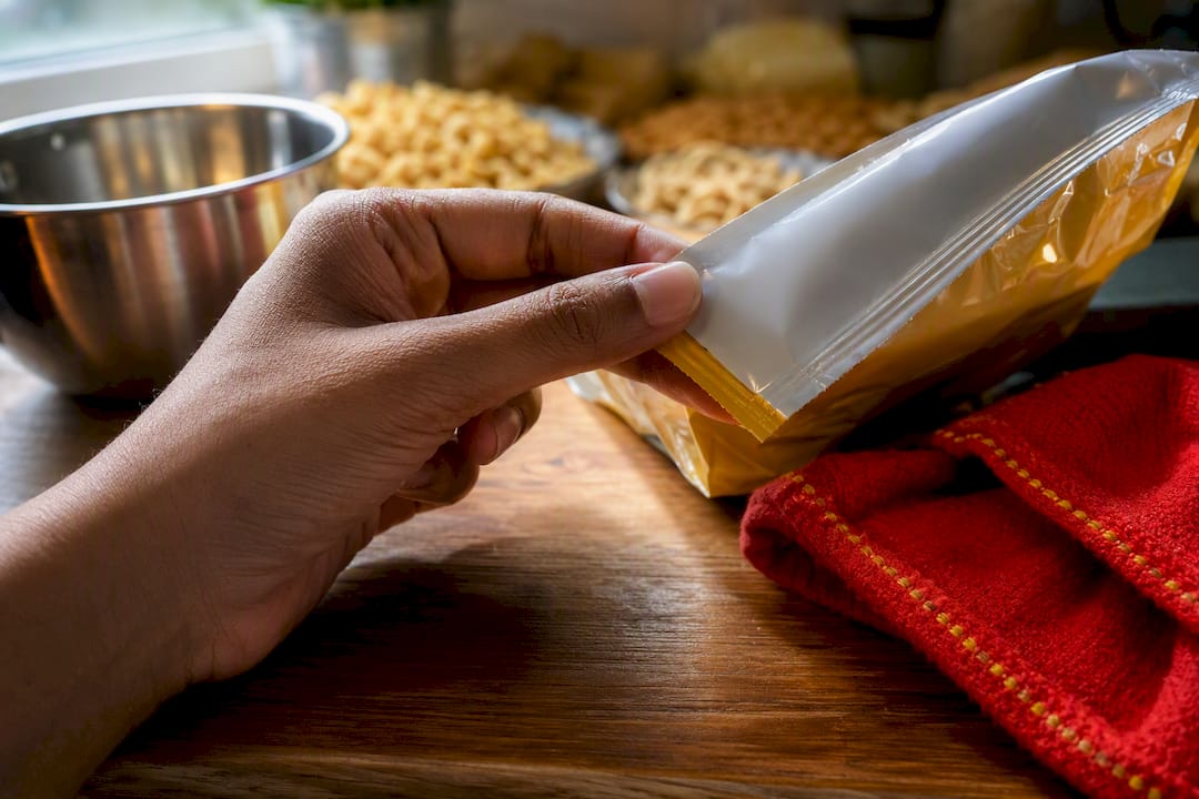 Hand checking an anonymous snack package
