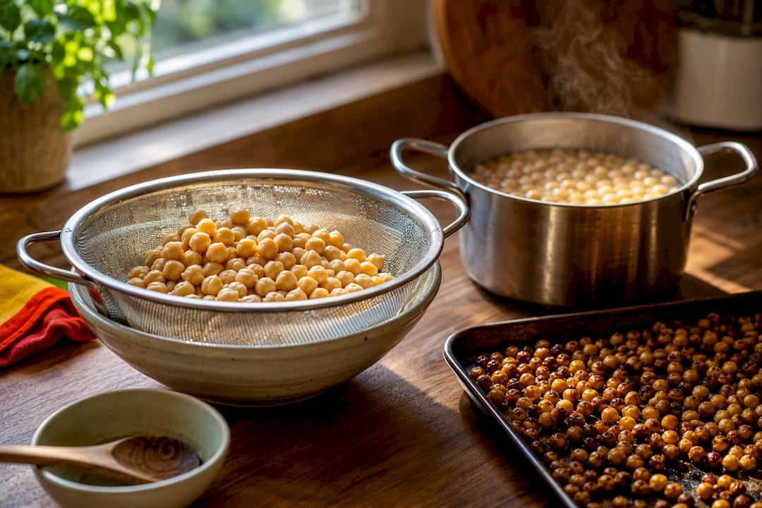 Chickpeas shown through cooking stages