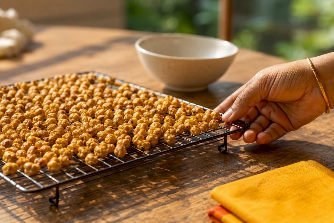 Roasted snacks cooling on wire rack