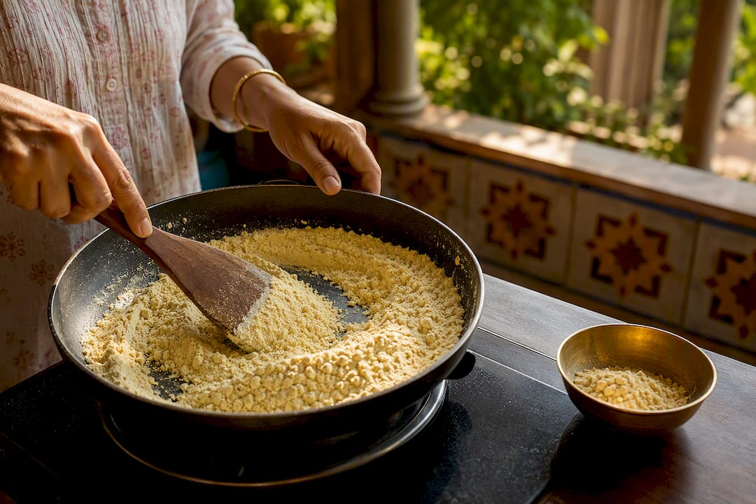 Raw besan roasting in a dry pan
