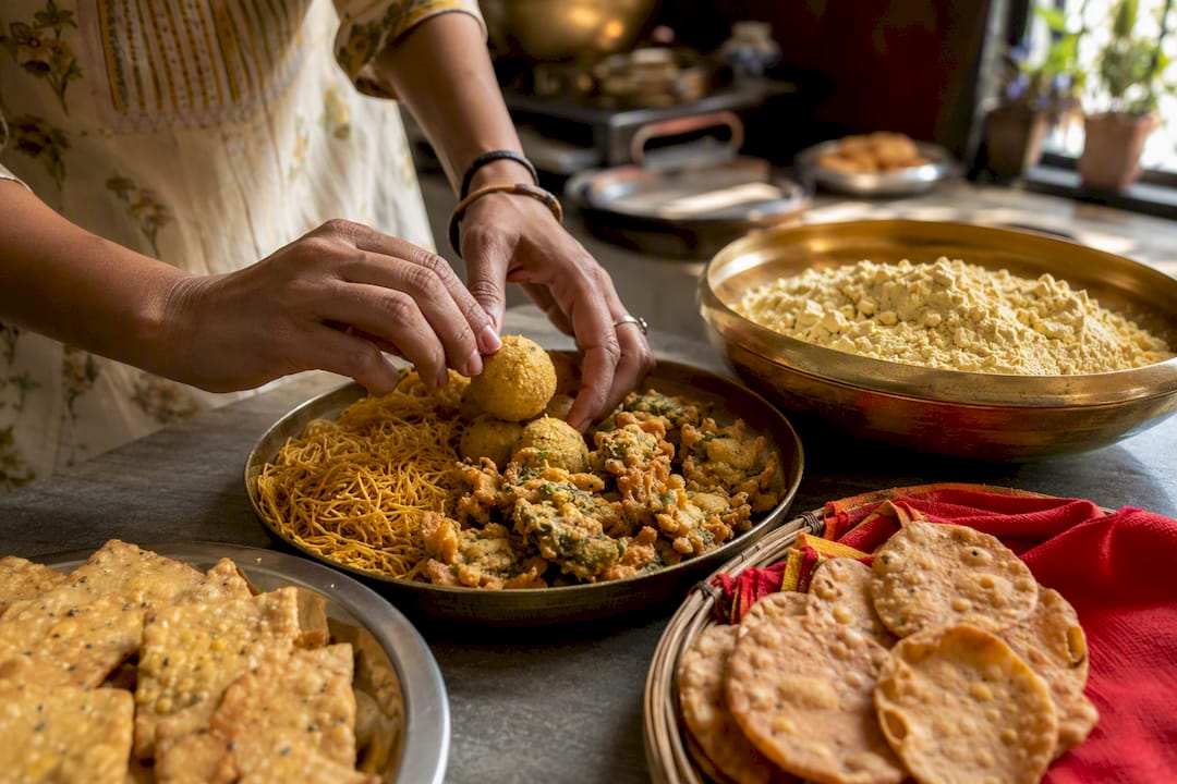 Homemade besan snacks arranged for cooking