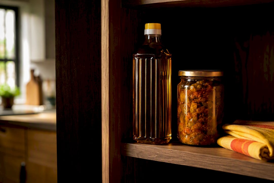 Mustard oil and pickle stored in cupboard