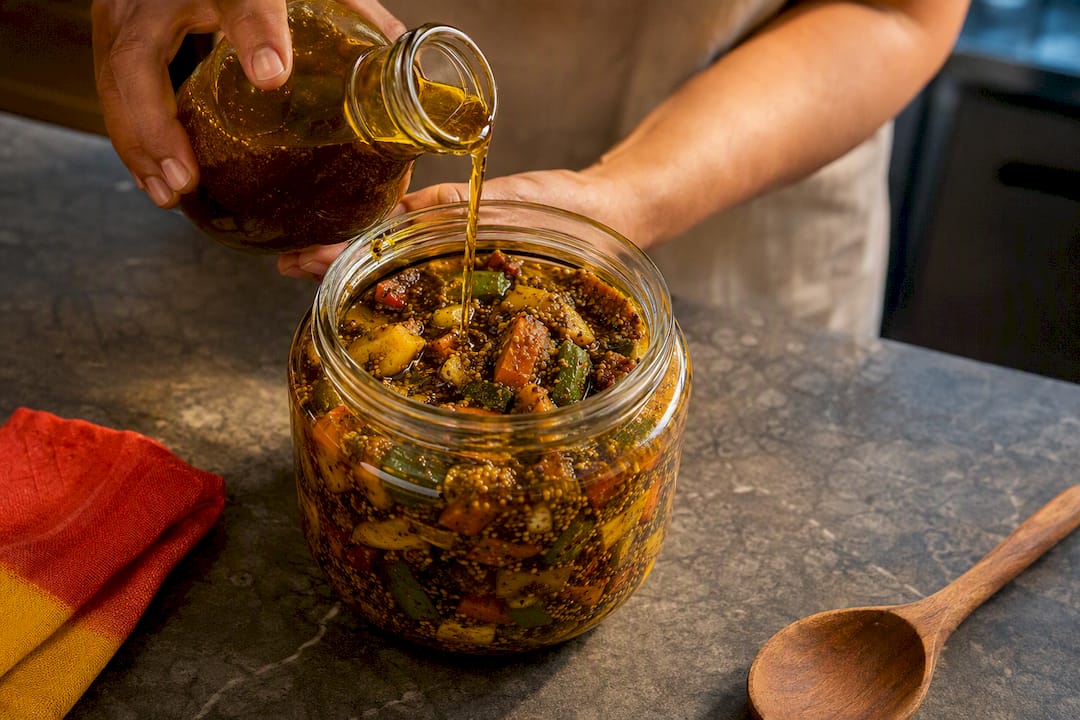 Mustard oil poured over homemade pickle