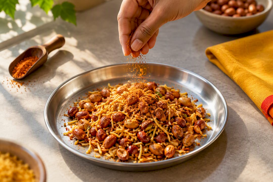 Uneven masala on roasted namkeen mix