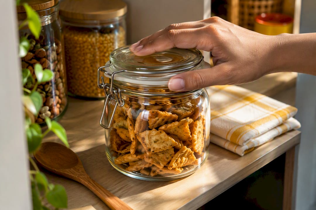 Airtight jar storing artisanal snack pieces