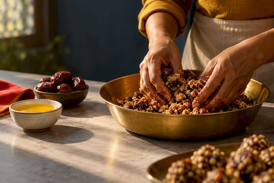 Hands preparing artisanal Indian snack ingredients