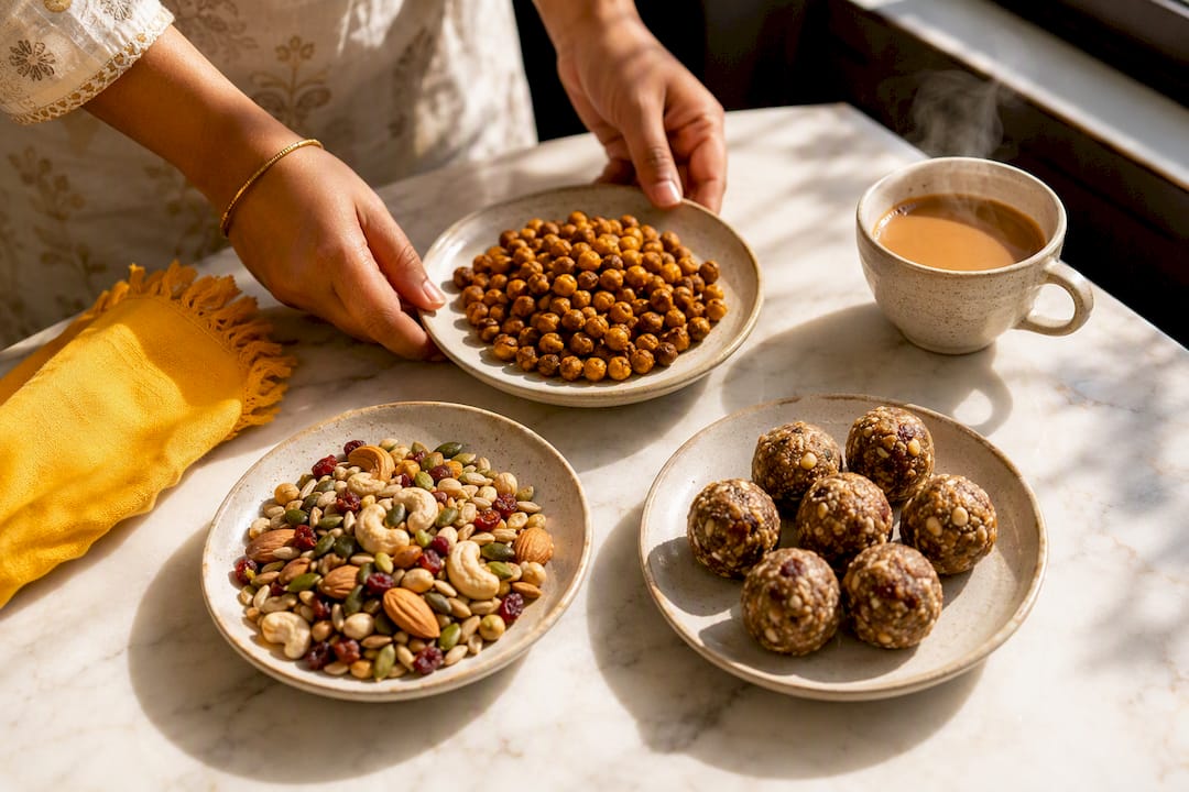 Healthy Indian snacks arranged beside chai
