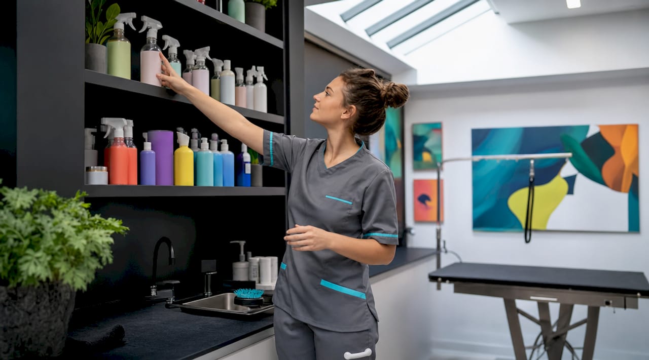 Hand choosing plant-based spray among grooming products