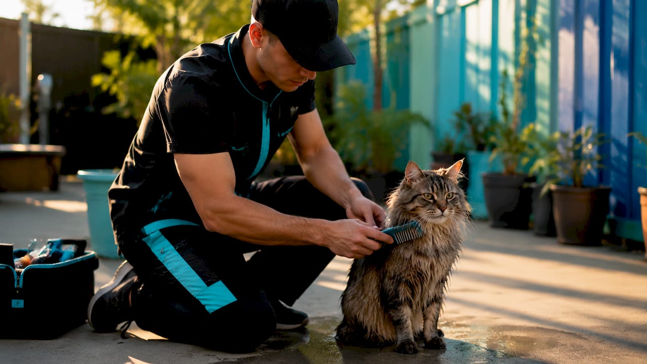 Hands wet brushing damp cat fur with comb