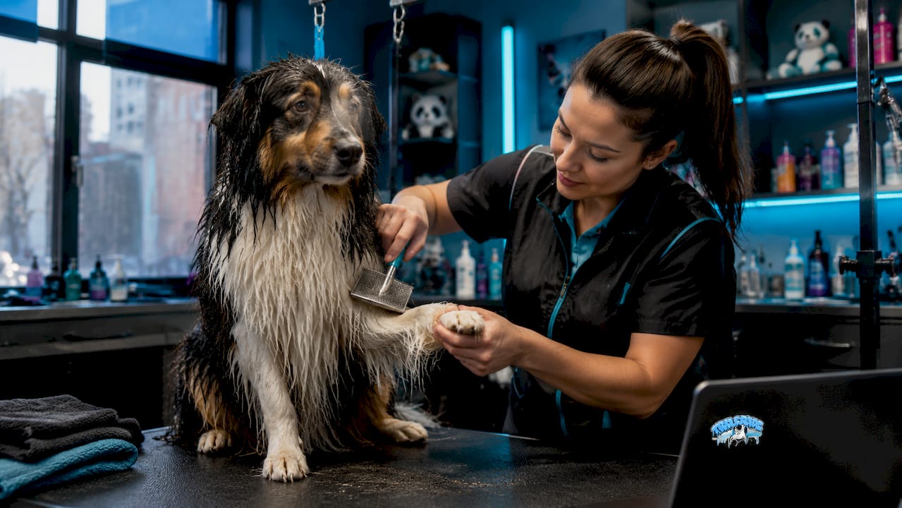 Close-up brushing damp pet hair carefully