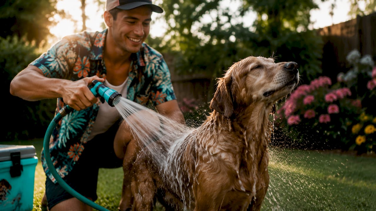 Close-up of dog fur under pressurized water spray rinse