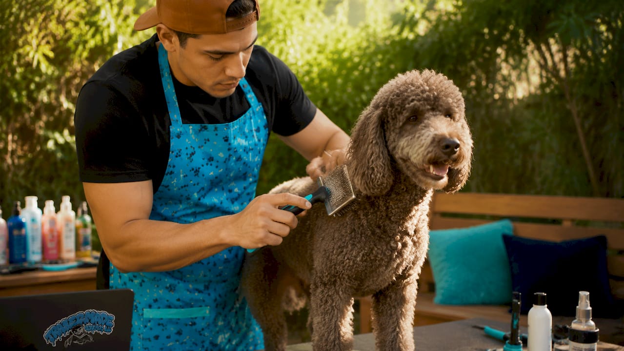Close-up slicker brushing poodle's dense coat