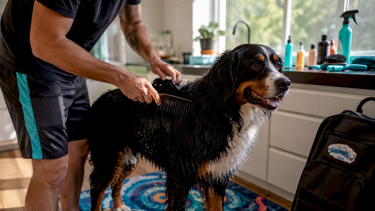 Hands combing damp Bernese Mountain Dog fur