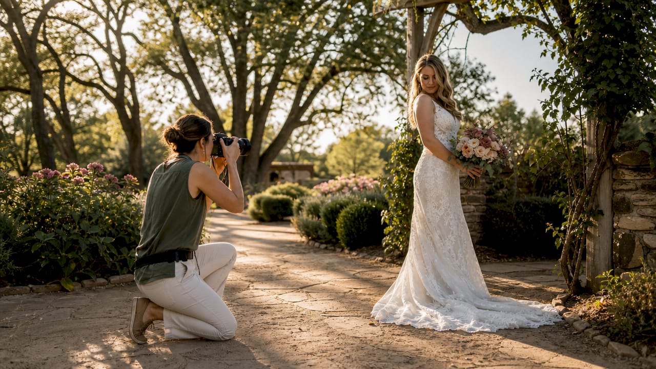 Wedding photographer capturing bride in golden hour light