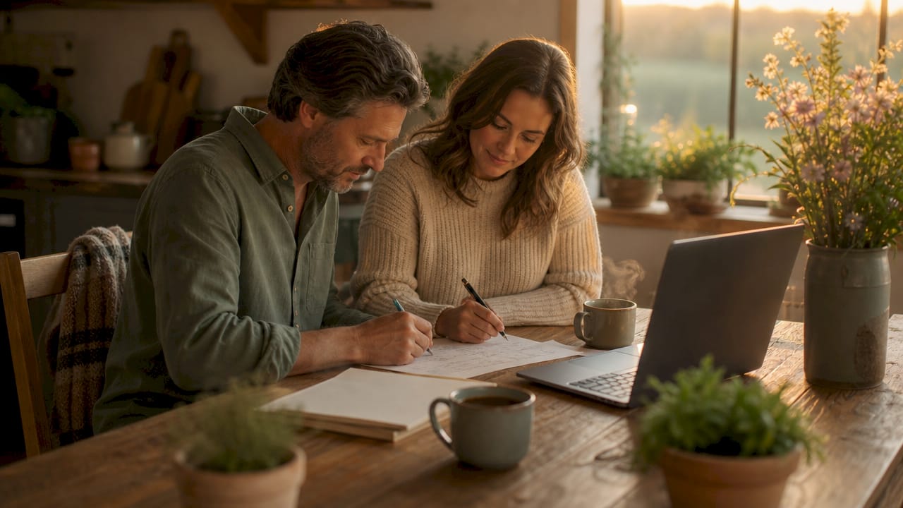 Couple arranging anniversary weekend itinerary at home