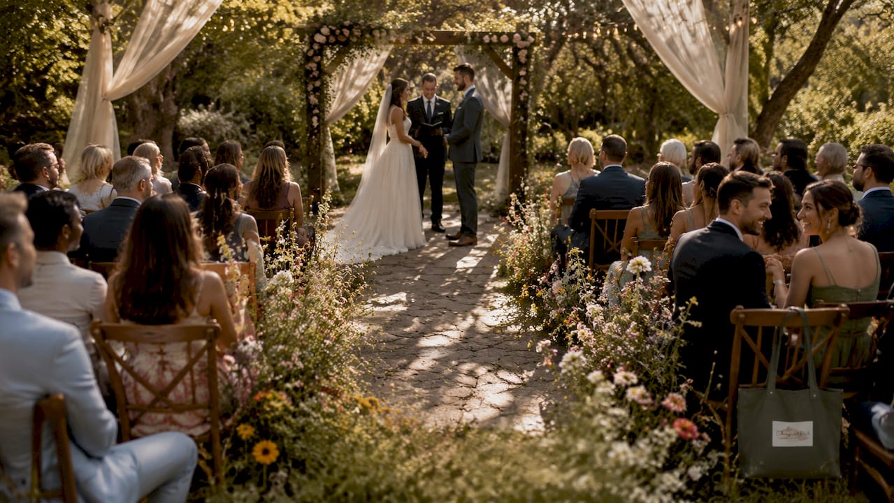 Outdoor wedding ceremony with guests and floral arch