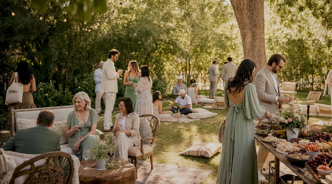 Guests enjoying relaxed outdoor wedding gathering
