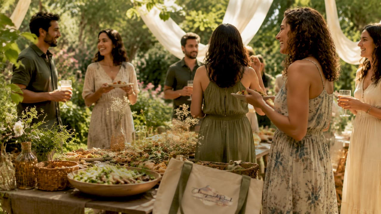 Guests enjoying casual welcome party food and drinks