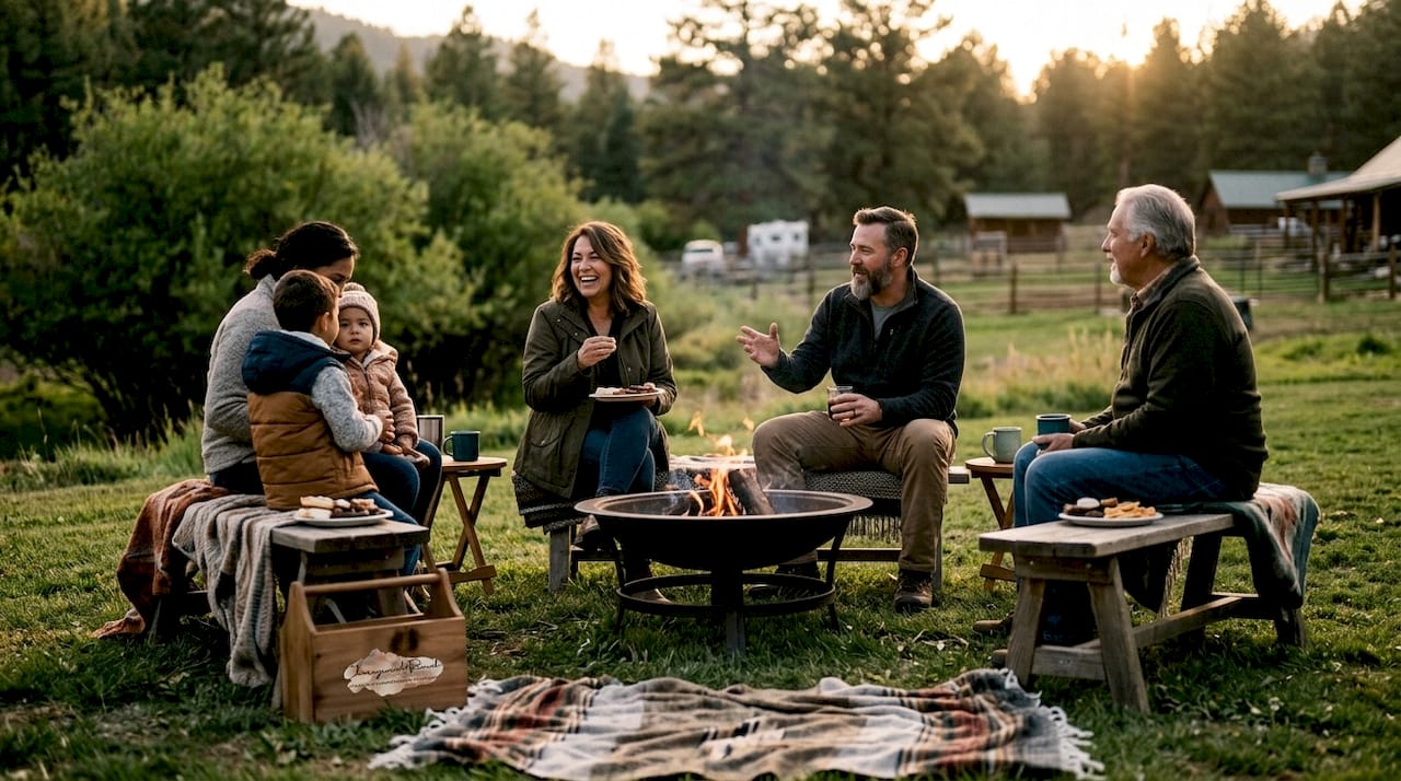 Family members chatting around outdoor fire pit gathering