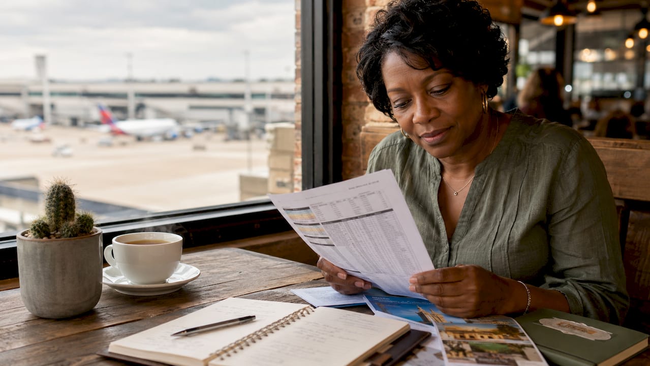 Woman planning travel near Atlanta airport