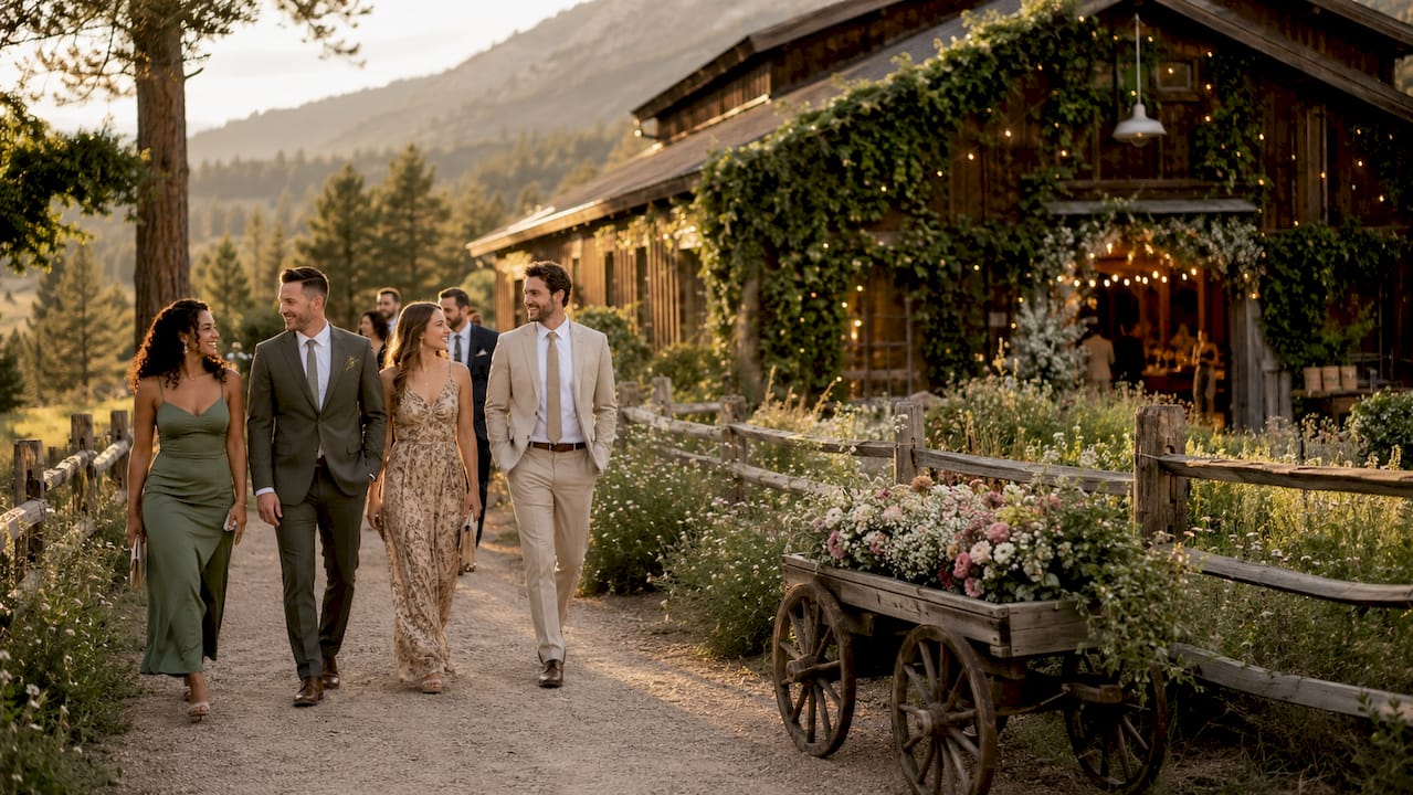 Guests walking at mountain wedding venue outdoors