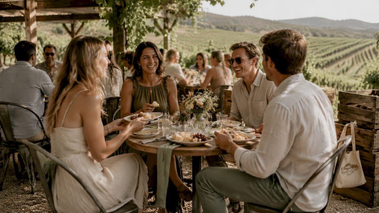 Wedding guests enjoying wine tasting outdoors