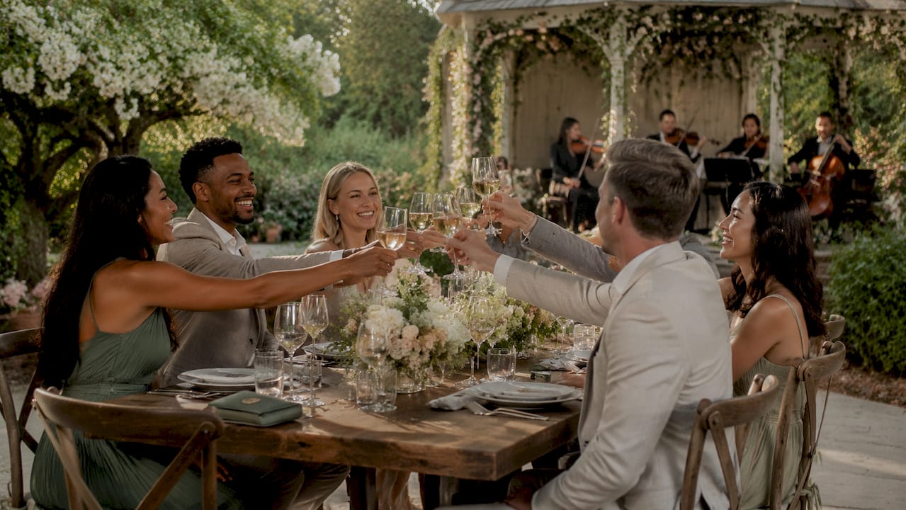Guests enjoying outdoor estate wedding dinner