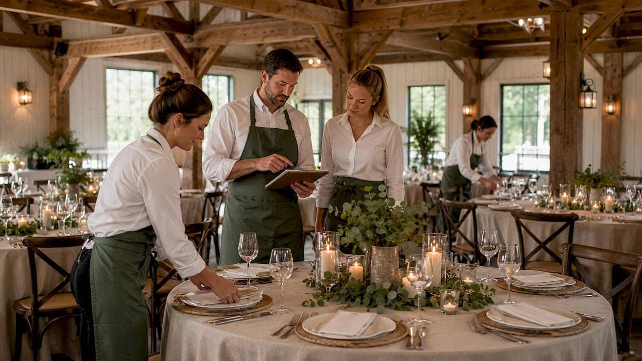 Staff preparing standardized large wedding venue service