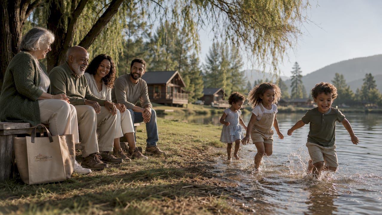 Multi-generational family enjoying retreat center outdoors