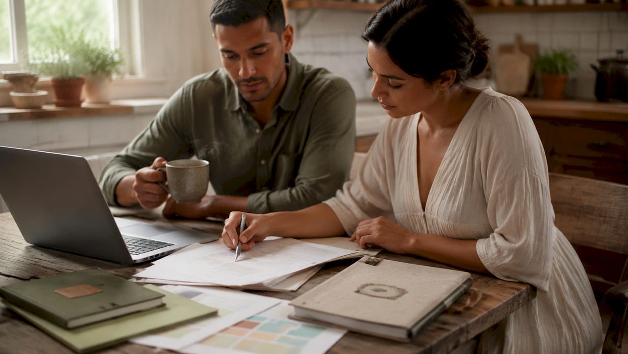Couple discussing wedding budget documents