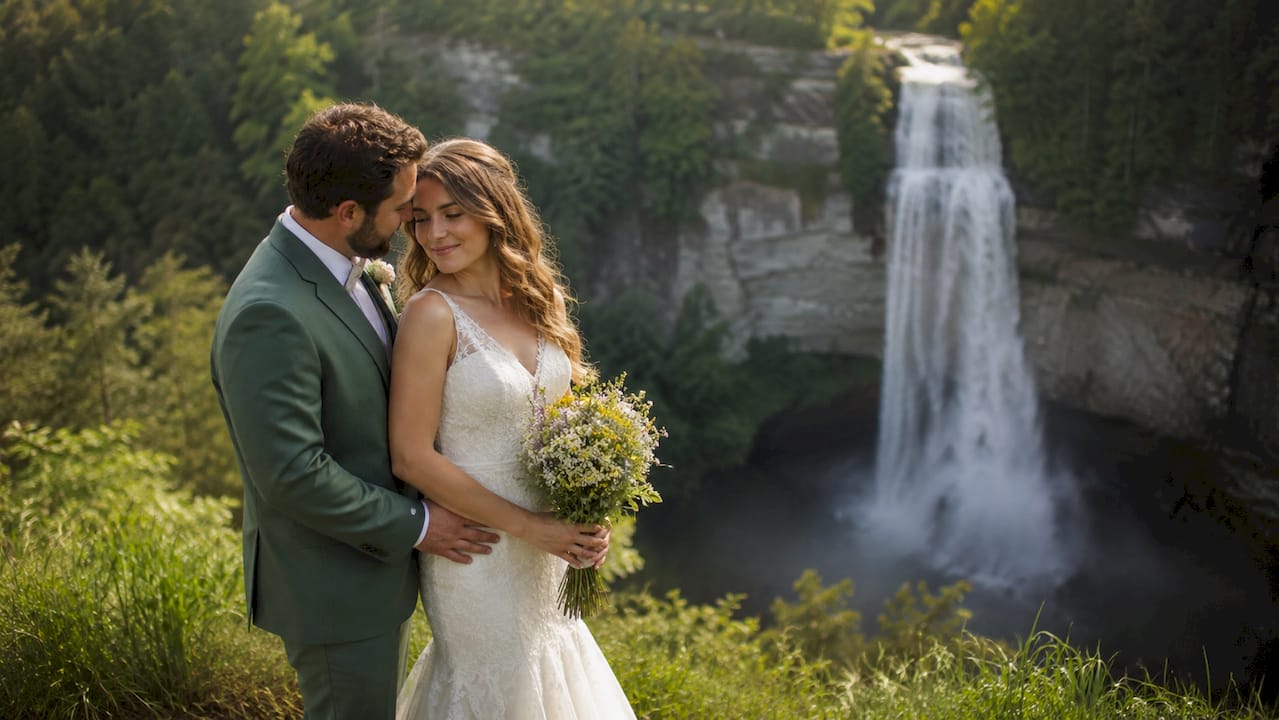 Wedding couple near Toccoa Falls waterfall