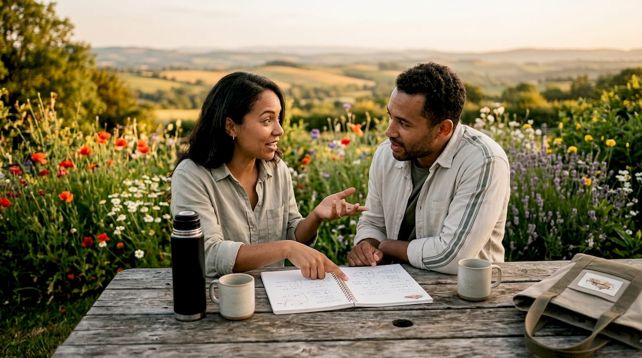 Couple discussing wedding plans on terrace