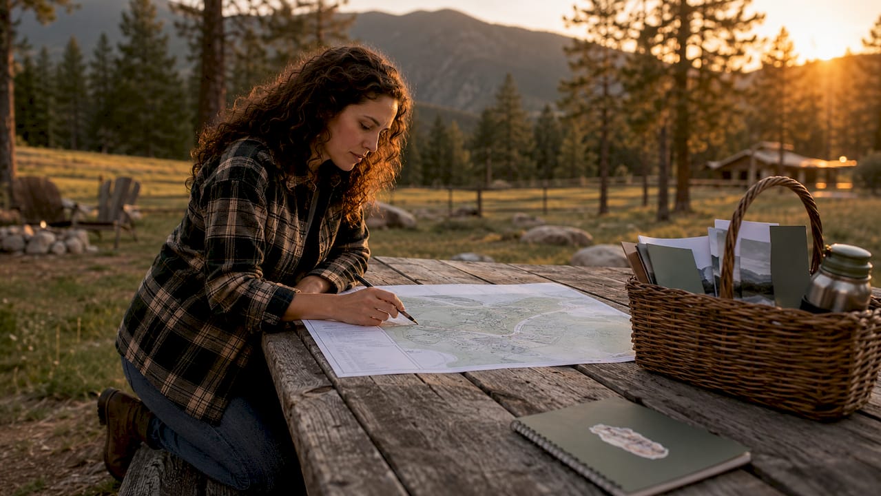 Planner reviewing mountain wedding site map