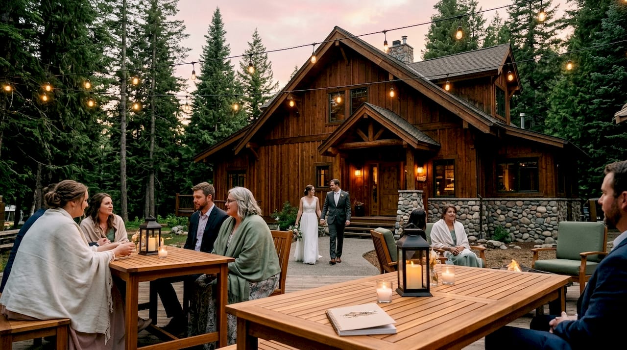 Rustic wedding lodge with guests outdoors
