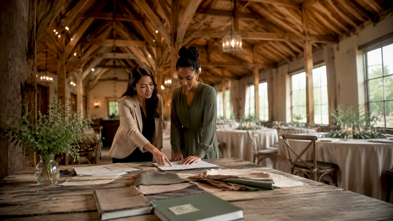 Planners working inside elegant rustic barn venue