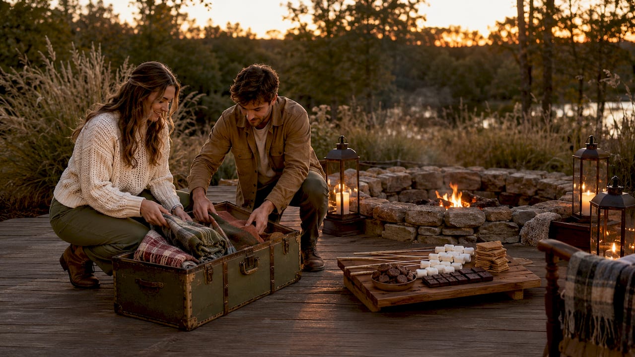 Hands arranging rustic fire pit wedding decor