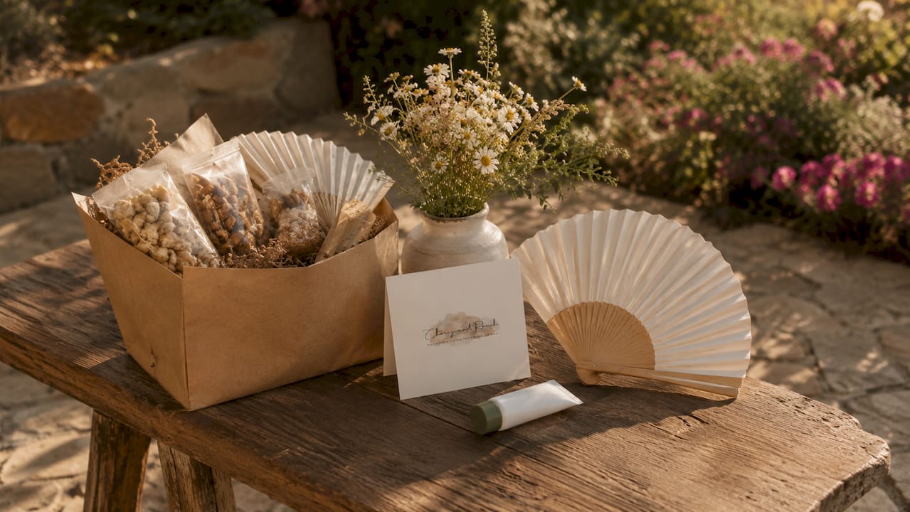Close-up of personalized wedding welcome bag items