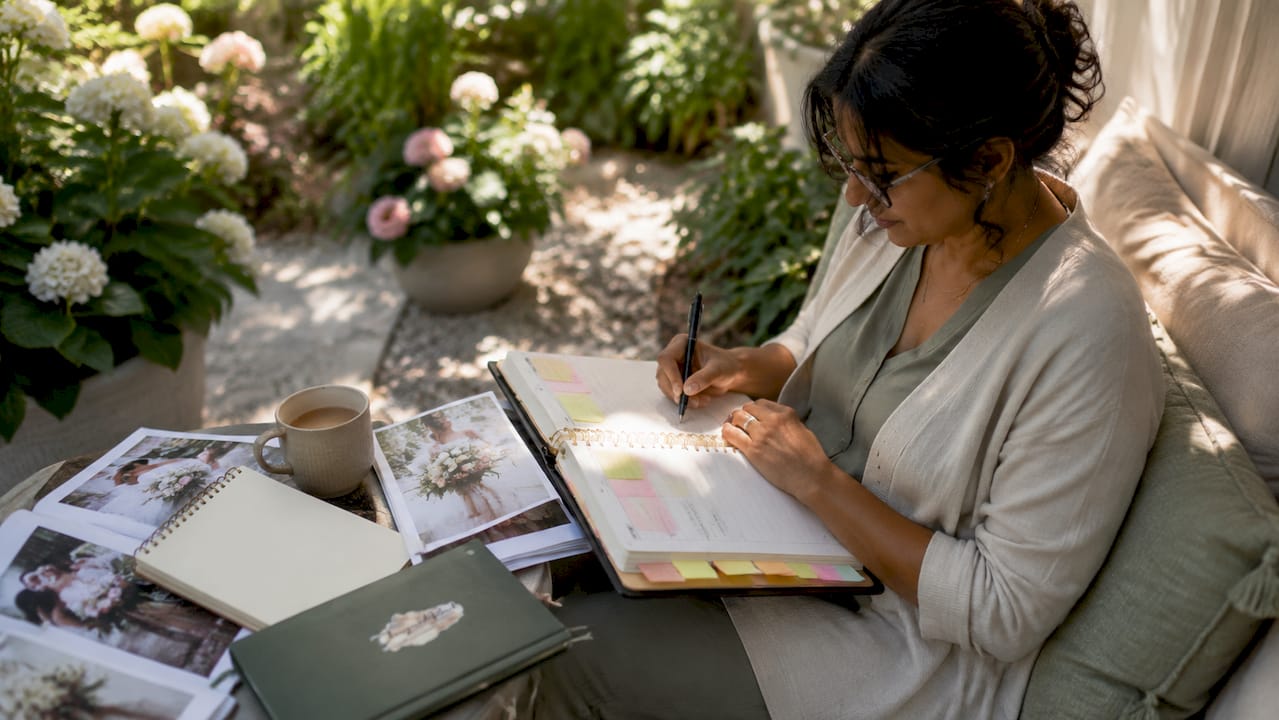 Woman planning vow renewal weekend at home office table.