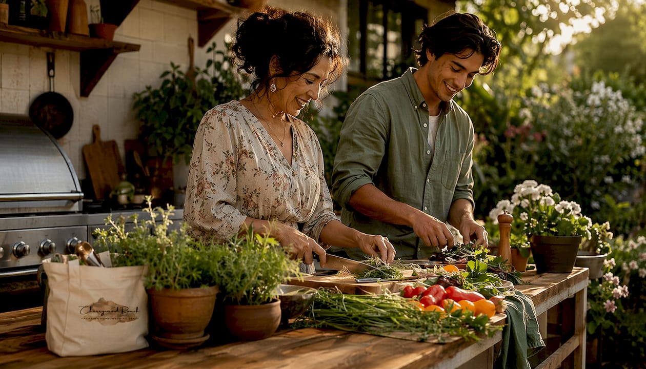 Wedding guests preparing meal together