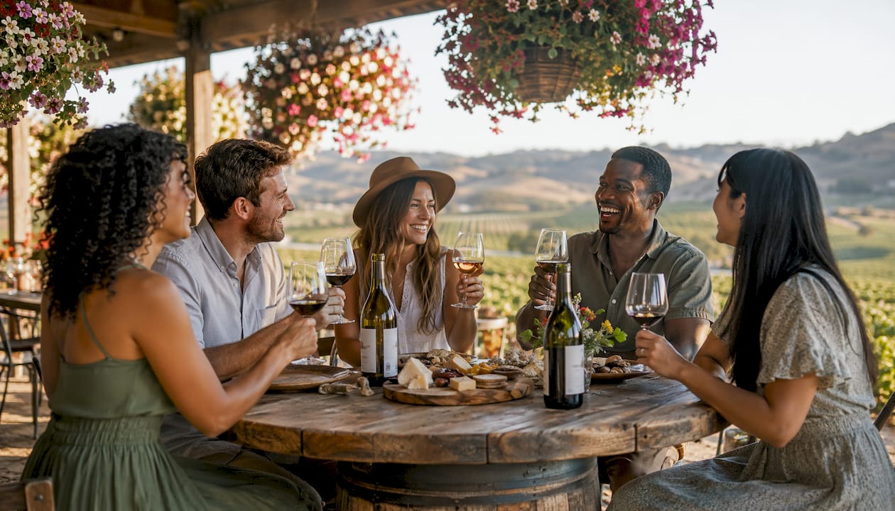 Group enjoying wine tasting on winery patio