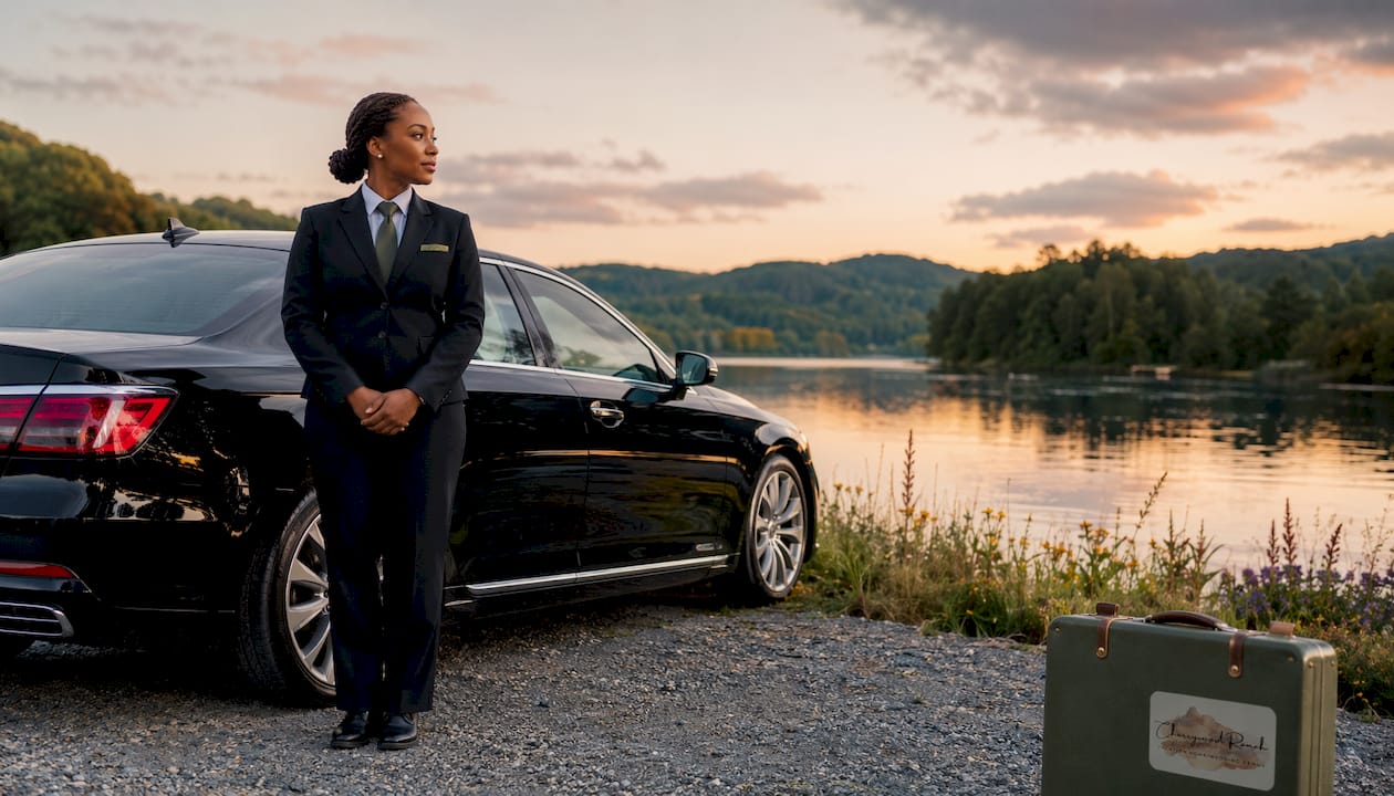 Chauffeur opening car door at scenic mountain stop