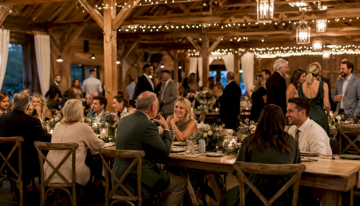 Wedding guests mingling outdoors at night