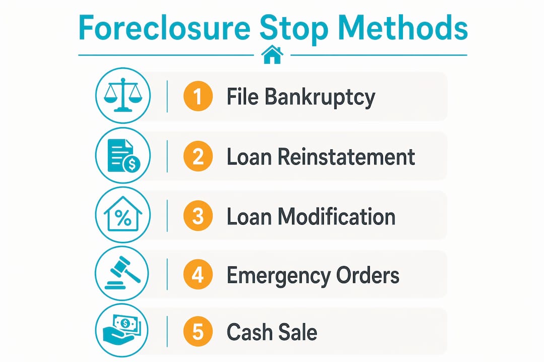 Infographic listing five ways to stop foreclosure quickly