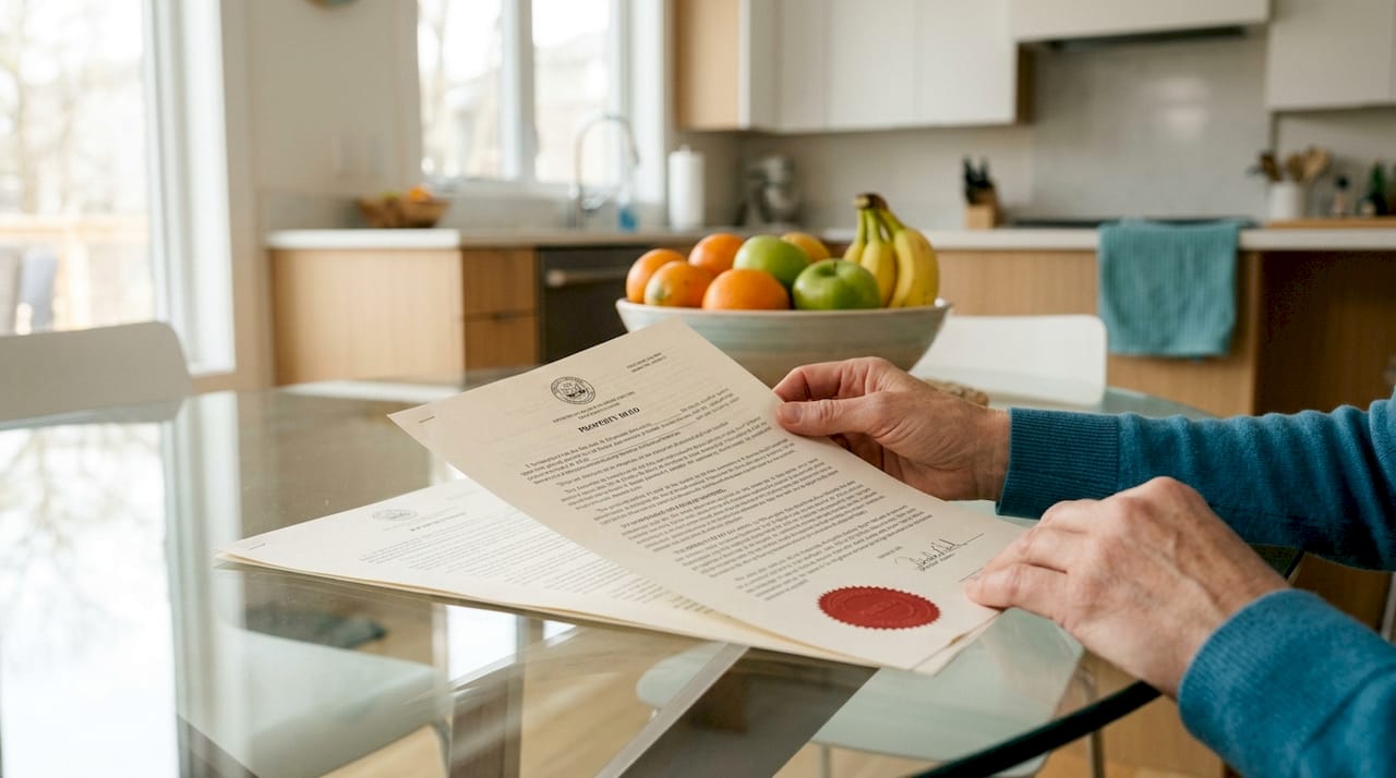 Hands examining property deed on desk