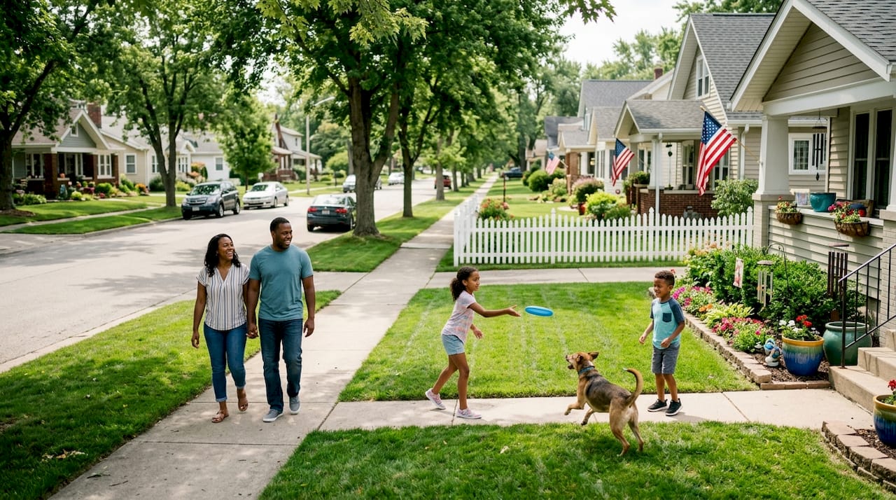 Family walking on a Merrillville neighborhood street