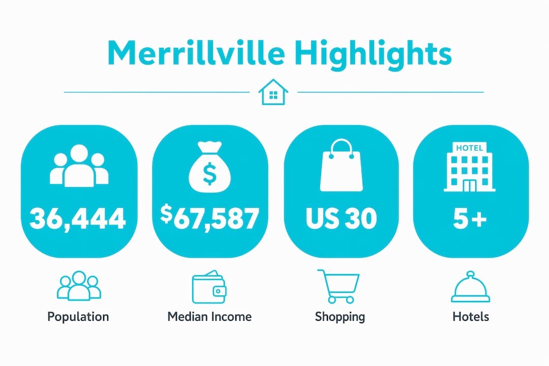 Infographic showing Merrillville population and amenities stats