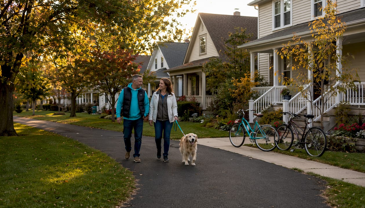 Residential street scene with diverse homes and people walking dog