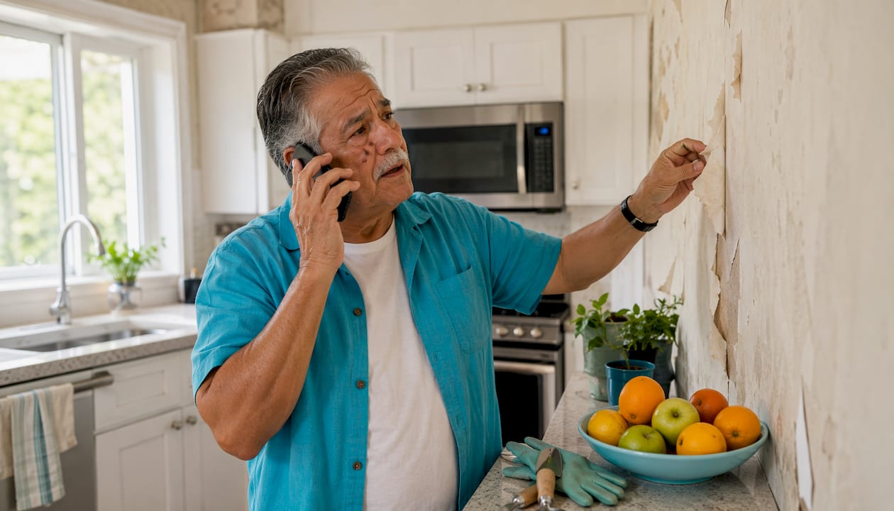 Man inspecting home defects while on phone