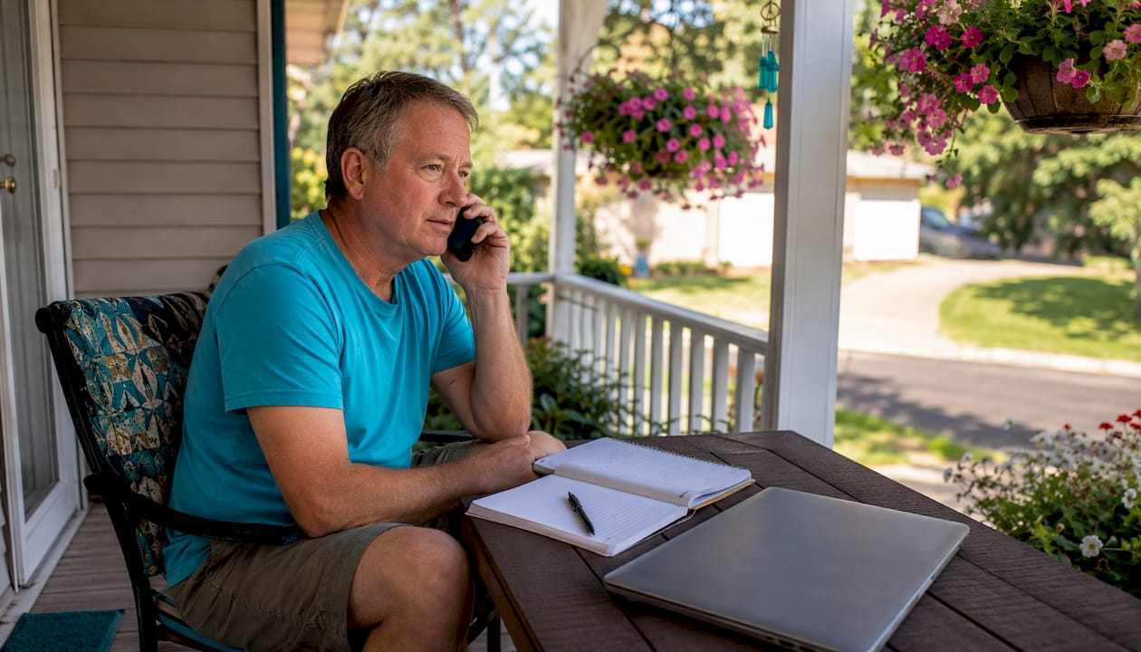 Man vetting direct cash buyer over phone at kitchen counter